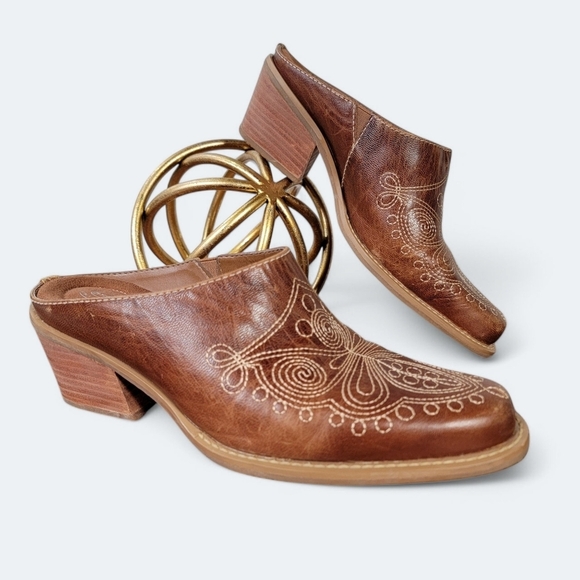Dr Scholls Round Up Western Cowboy style Brown Embroidered Mule Booties Size 6 - Picture 1 of 17